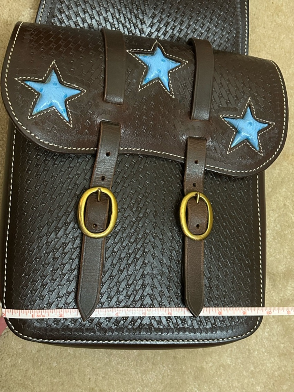 Leather Saddle Bags with Star Design & Gold Hardware 43” Long - Picture 4 of 6